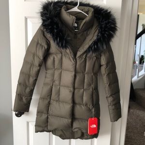 The North Face Olive Puffer Coat with Black Fur Trim
